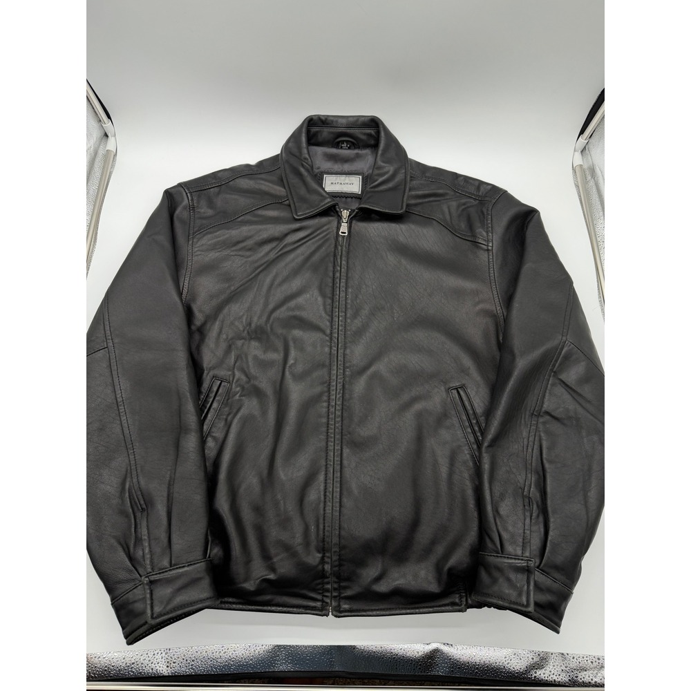 Hathaway Mens Vintage Black Leather Bomber Jacket Full Zip Large Classic